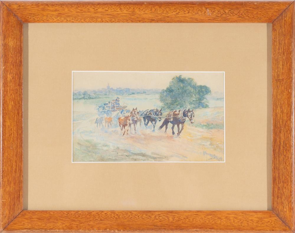 Hal Waugh comparable auction result: hal waugh 1860 1941 horse cart on the dusty country road watercolour 15x25 cm frame 39x49 cm