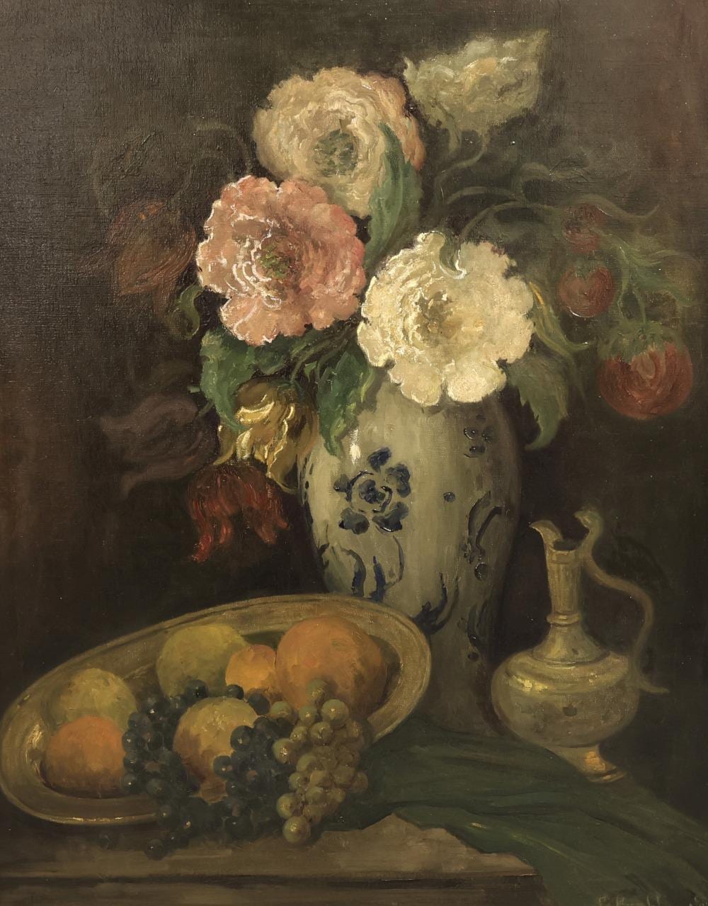 Charles Pierre Daubigny comparable auction result: karl auch carl knoblauch stillleben blumen in steinguttopf mit zinnteller und fr chten signier