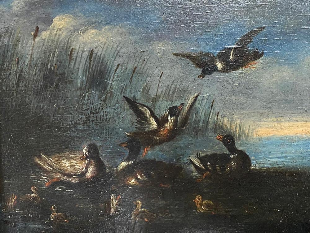 Adriaen de Gryeff comparable auction result: adriaen de gryeff 1657 1722 zugeschr landschaft mit enten an einem weiher l holz 14 x 18 5 cm