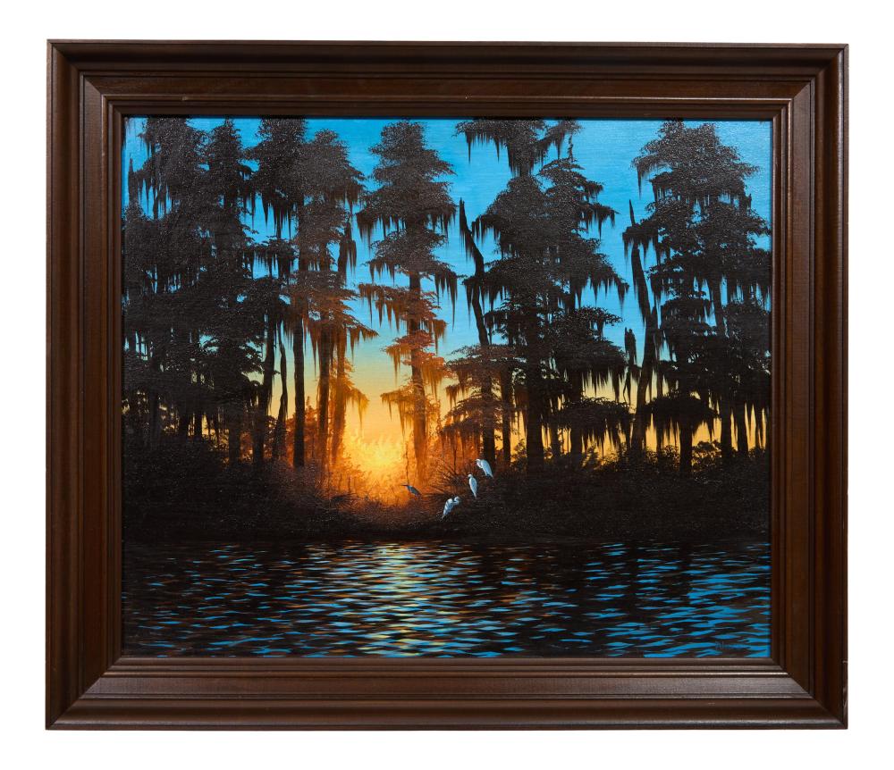 John Akers comparable auction result: john akers american louisiana 1944 2006 dusk on the swamp with egrets h 19 5 8 in w 23 5 8 in framed h 24 3 8 in w 28 1 4 in