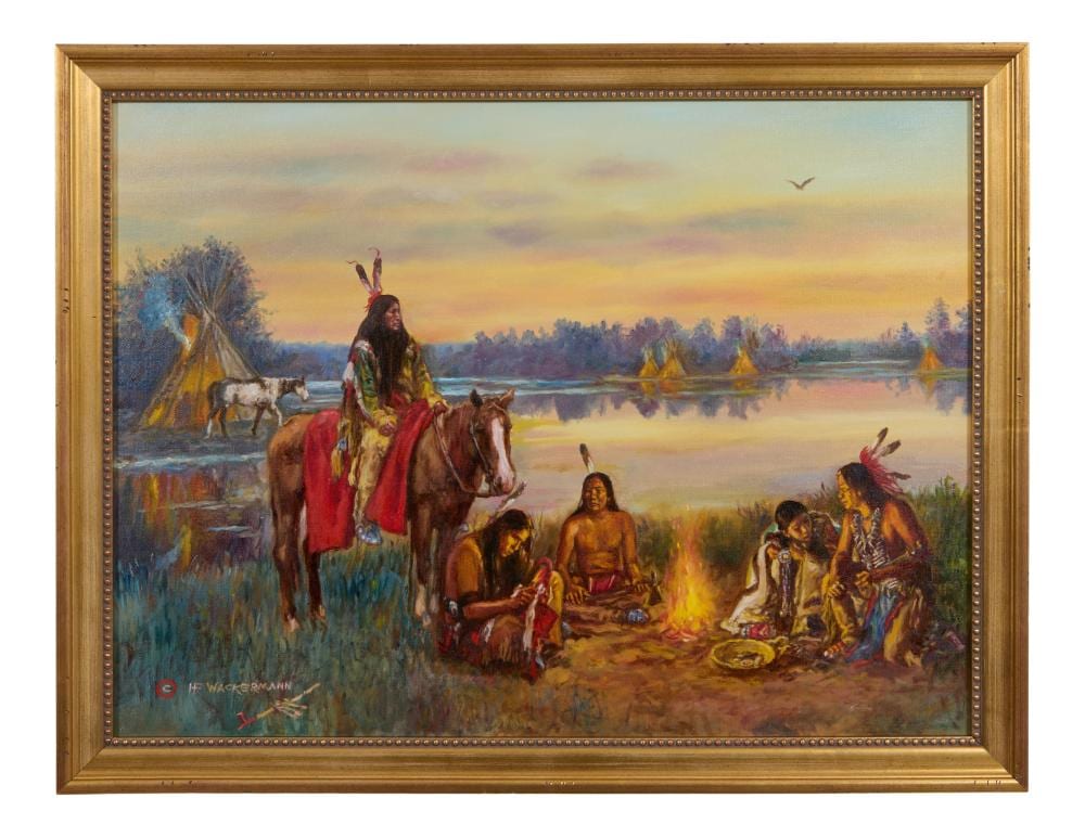 Hubert Wackermann comparable auction result: hubert wackermann american b 1945 dakota sioux campfire h 18 in w 24 in framed h 20 1 4 in w 26 1 2 in