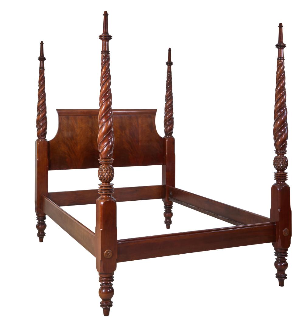Baker Four Poster Mahogany Pineapple Bed, 20th c., H.- 88 in., Int. W.- 60 in., Int. L.- 82 in. sold by Crescent City Auction Gallery, lot 858 — auction record photograph