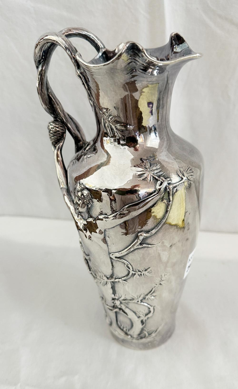Early 20thC French Nouveau Sterling Overlay Pitcher sold by Kaminski Auctions, lot 537 — auction record photograph