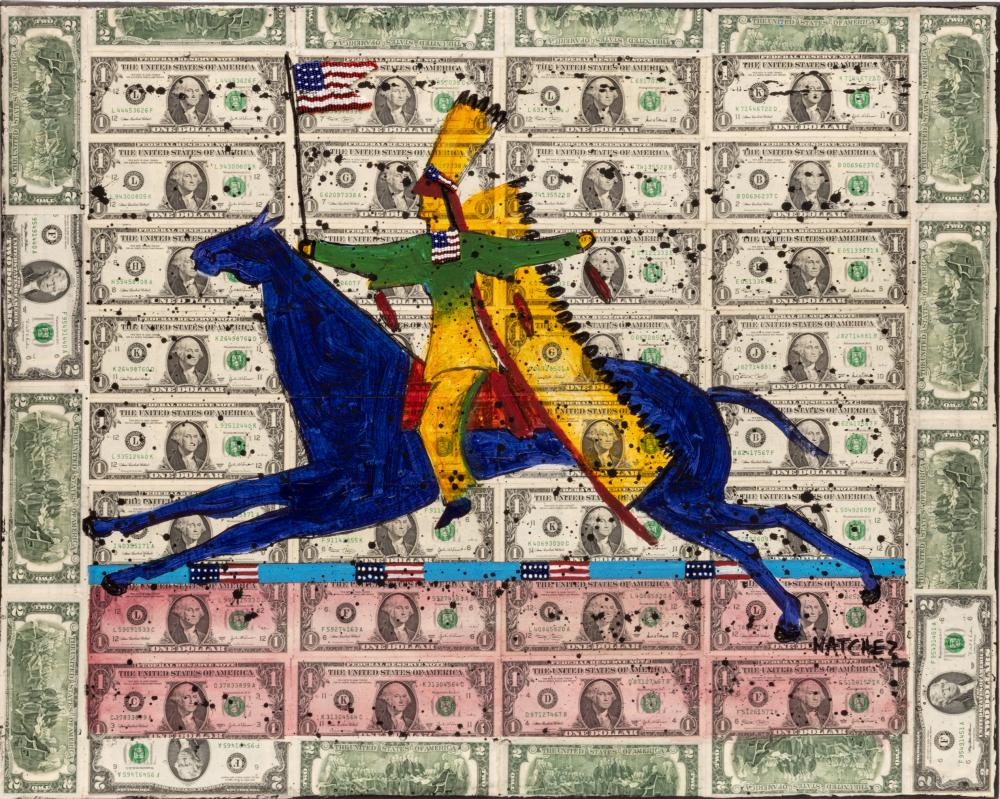 Stan Natchez comparable auction result: stan natchez native american b 1954 mixed media collage on canvas victory ride ii h 24 w 30
