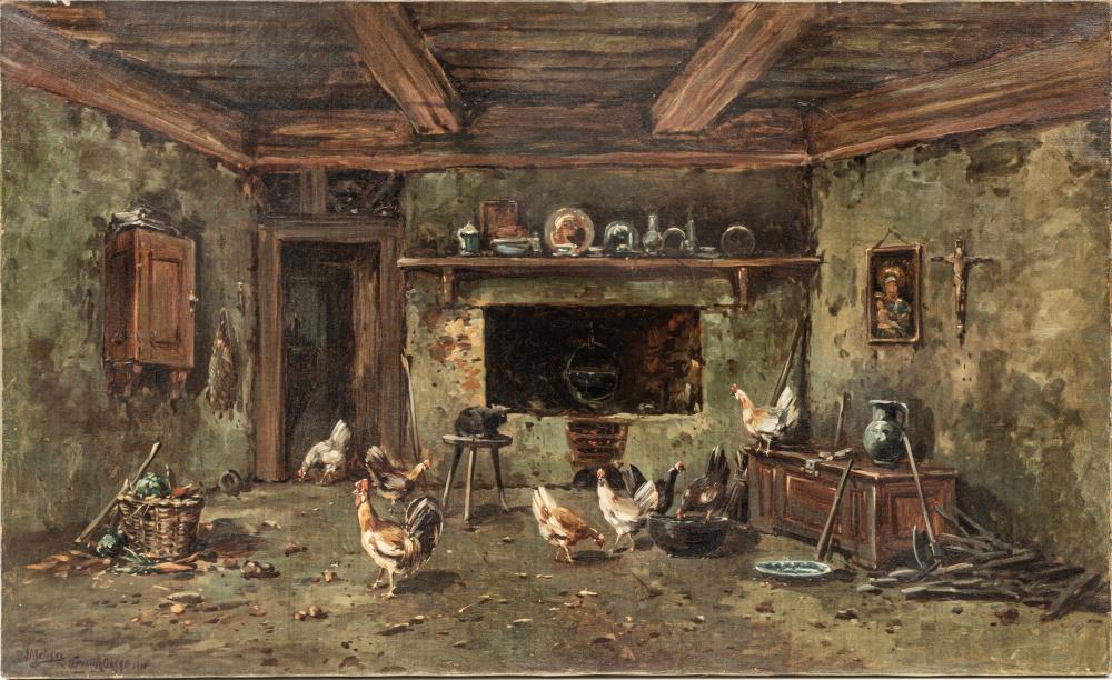 Andrew W. Melrose comparable auction result: andrew w melrose scottish american 1836 1901 oil on canvas ca 1900 interior with chickens h 24 w 38