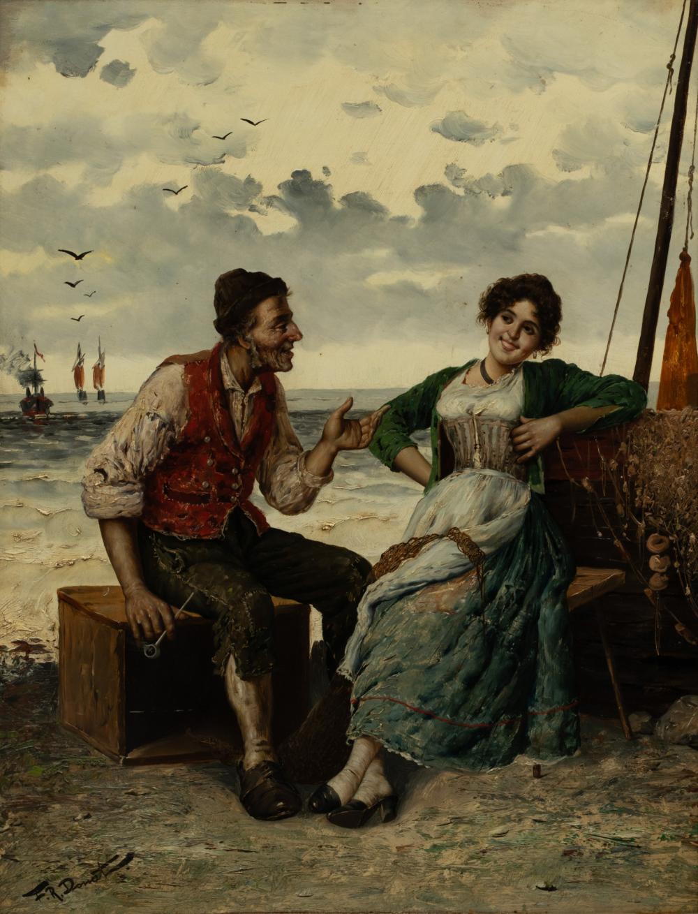 Frederick Reginald Donat comparable auction result: frederick reginald donat belgian 1830 1907 oil on cradled panel the matchmaker at the coast h 20 75 w 16 25
