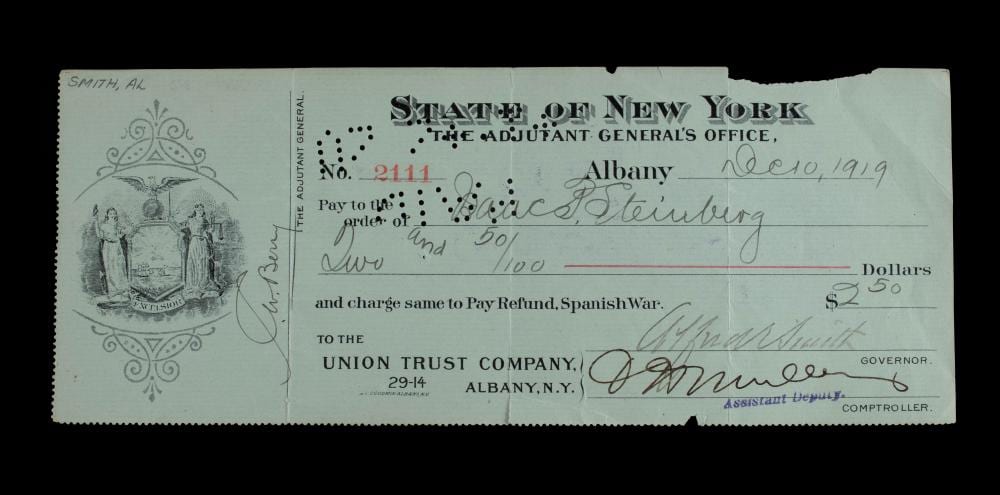 Alfred E. Smith comparable auction result: alfred e smith american 1873 1944 signed check