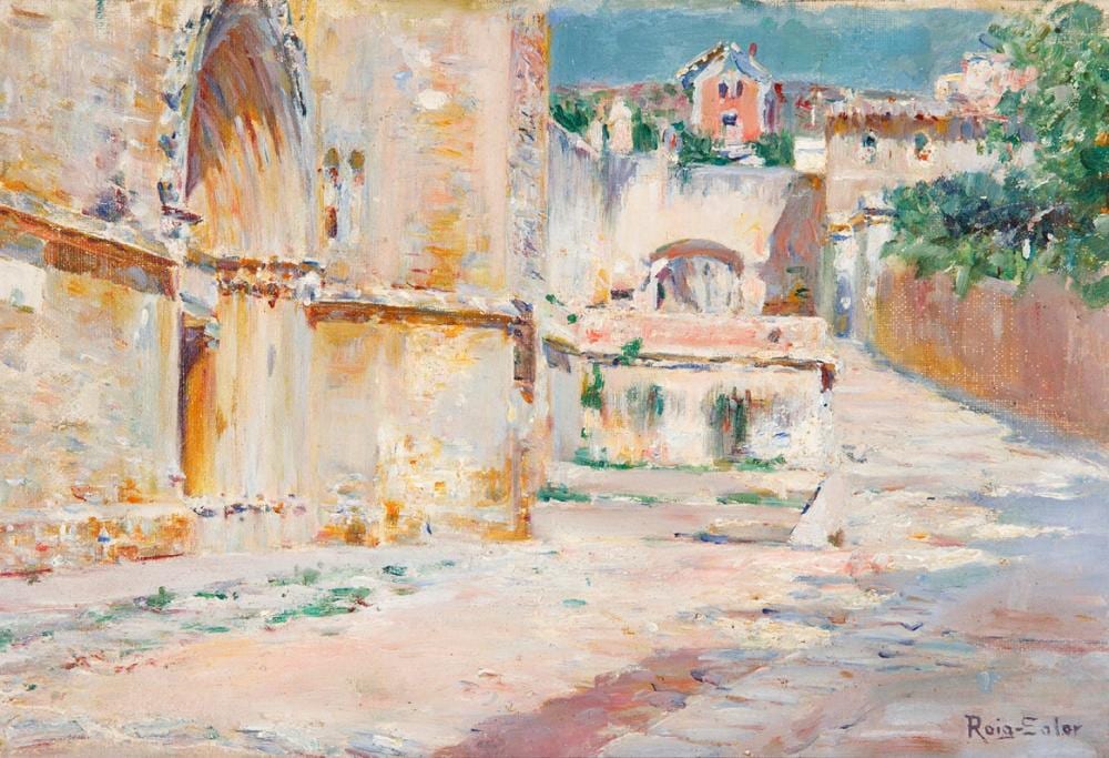 Joan (1852) Roig Soler comparable auction result: joan roig soler barcelona 1852 1909 pla a de l esgl sia oil on panel signed in the lower right corner with label of barrachina i ramoneda on the back