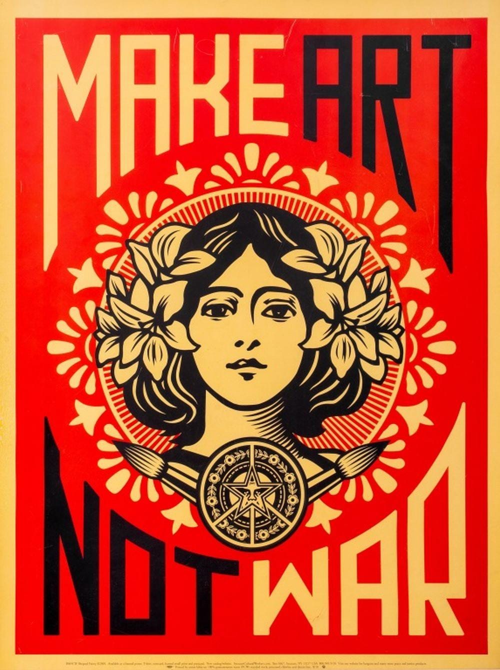Bold red poster with large text “MAKE ART NOT WAR” and a stylized black-and-gold woman illustration in a sunburst frame.