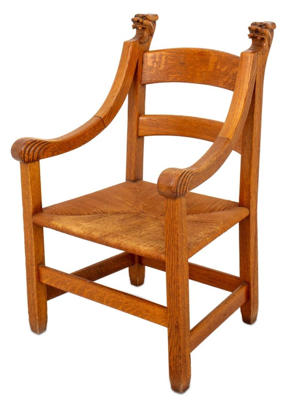 Gothic Revival Rush Seat Carved Oak Armchair sold by Auctions at Showplace, lot 122 — auction record photograph