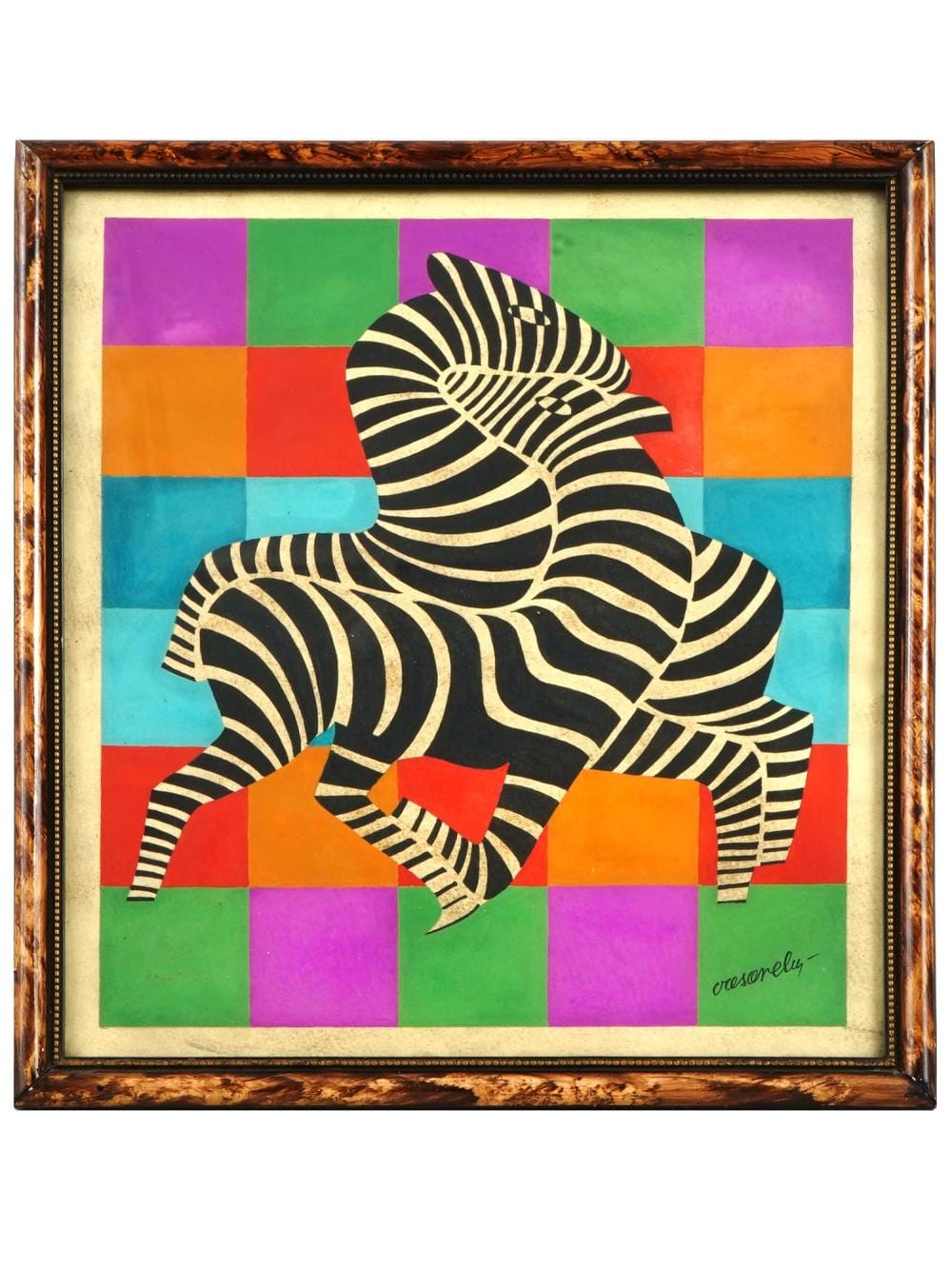 Framed optical-art composition of overlapping black-and-cream striped zebras on a brightly colored grid.