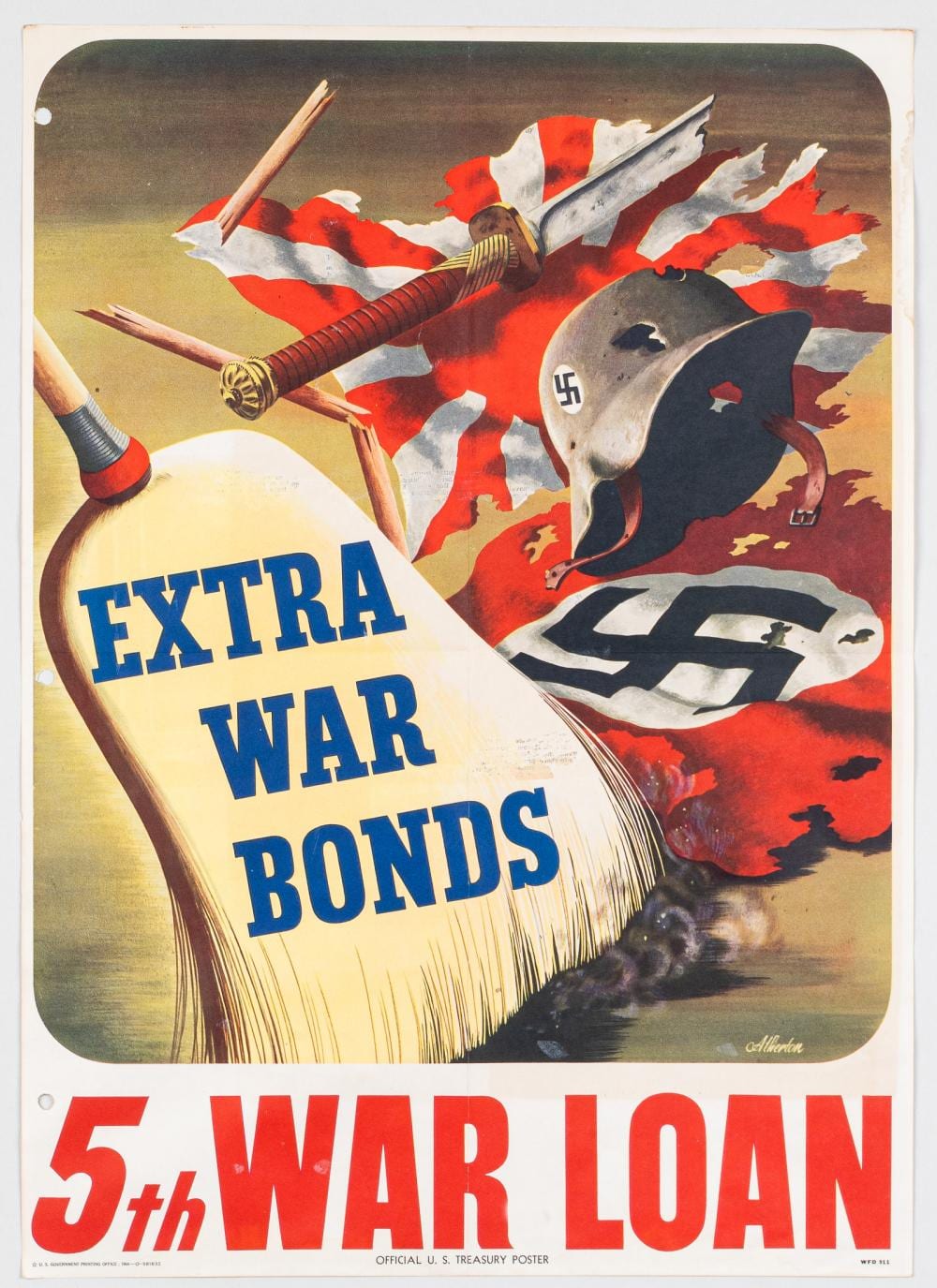 WWII anti-Axis war bonds poster showing a red, black, and white face attacking with a sword and flags over a dog-like figure; text reads “EXTRA WAR BONDS.”
