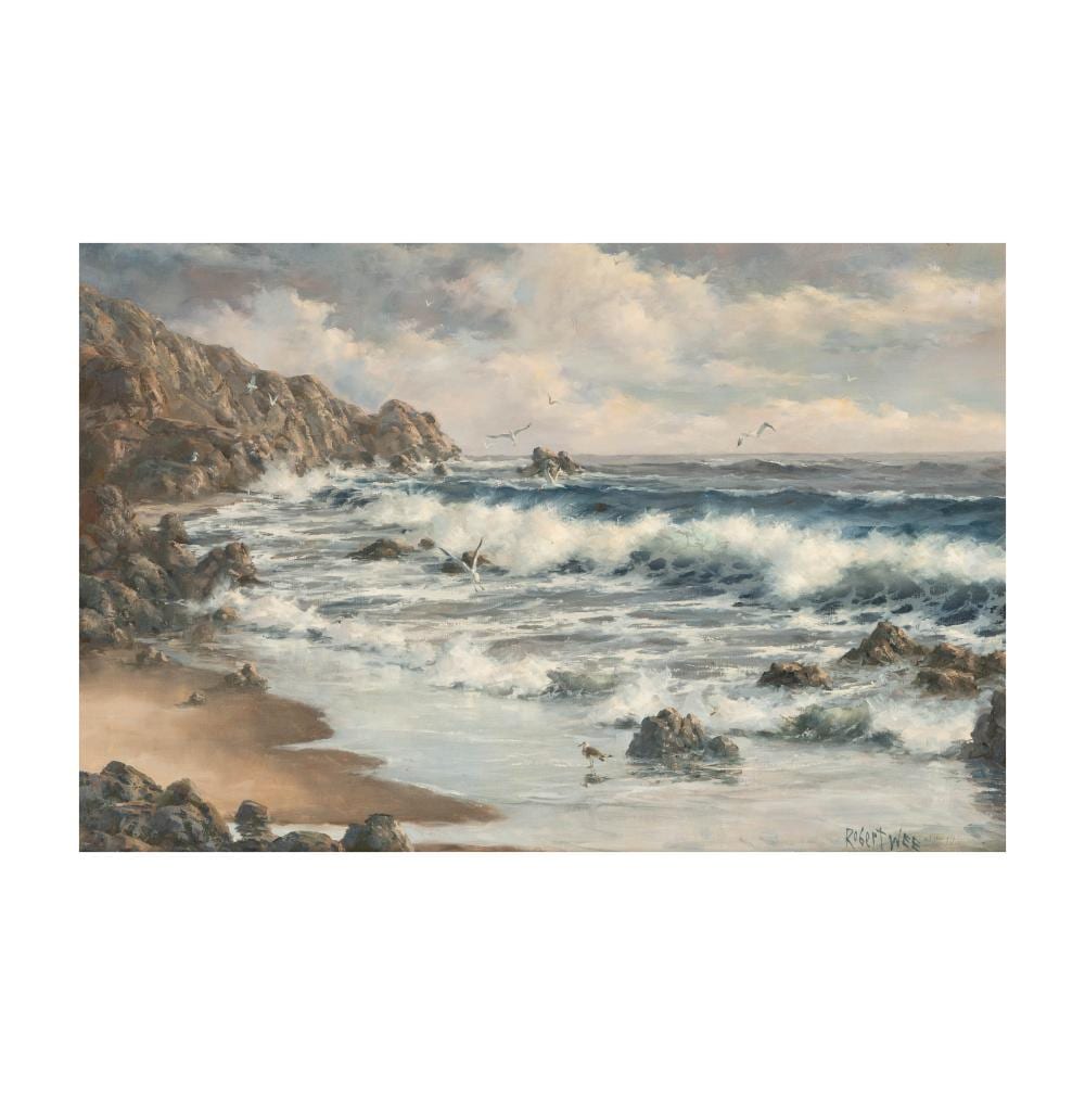 Robert Wee comparable auction result: robert wee american b 1927 crashing waves seascape with seagulls