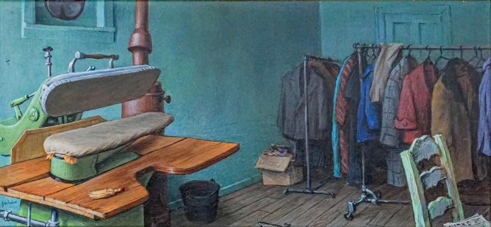 Jacob Glushakow comparable auction result: jacob glushakow american 1914 2000 tailor shop oil on board signed l l and titled on stretcher on verso frame 12 3 4 x 21 3 4 in 32 4 x 55 2 cm