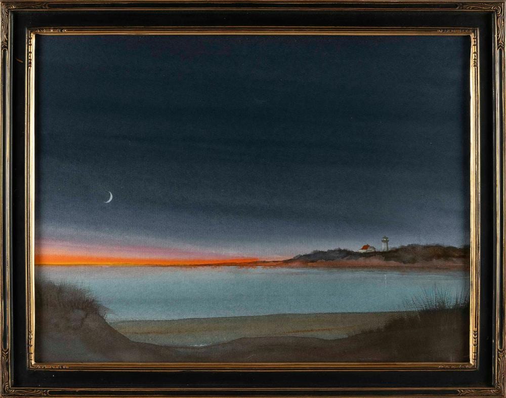 Harvey Dodd comparable auction result: harvey john dodd massachusetts 1933 2011 moonlit coast with lighthouse watercolor 17 5 x 23 5 framed 22 x 27