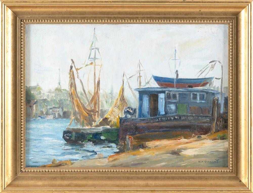 harry aiken vincent massachusetts new york illinois 1864 1931 dock scene oil on board 14 x 20 framed 18 5 x 24 5 · Eldred's · 2025-01-23 Harry Aiken Vincent comparable auction result: harry aiken vincent massachusetts new york illinois 1864 1931 dock scene oil on board 14 x 20 framed 18 5 x 24 5