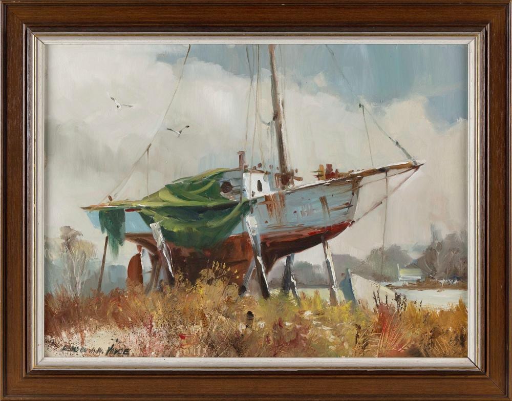 marshall woodside joyce massachusetts 1912 1998 boat at rest oil on board 18 x 24 framed 22 5 x 28 5 · Eldred's · 2025-01-23 Marshall Woodside Joyce comparable auction result: marshall woodside joyce massachusetts 1912 1998 boat at rest oil on board 18 x 24 framed 22 5 x 28 5
