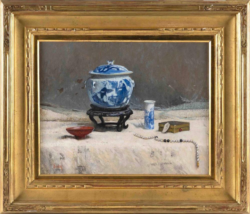Tom Dunlay comparable auction result: thomas russell dunlay massachusetts 1951 the red lacquer dish oil on canvas 15 75 x 19 framed 22 75 x 27