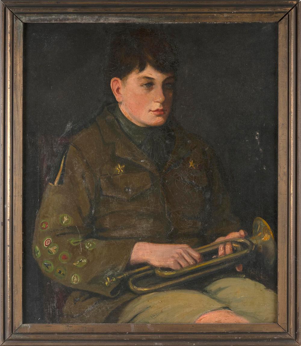 Auction comp thumbnail for AMERICAN SCHOOL (Early 20th Century,), Portrait of a scout in uniform holding a bugle., Oil on canvas, 30" x 25". Framed 34" x 29". (Eldred's, Lot 3219)