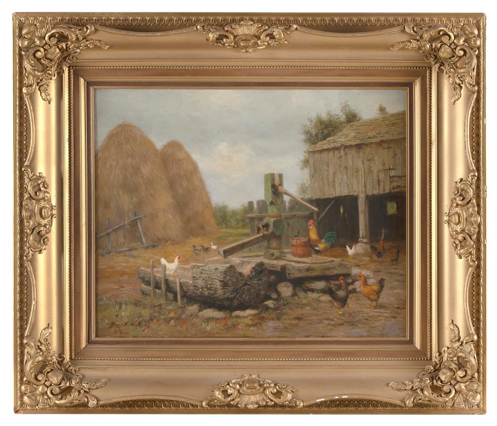 Burr H. Nicholls comparable auction result: burr halliday nicholls new york connecticut 1848 1915 farmyard scene with haystacks and chickens oil on canvas 18 x 22 framed 28 5 x 32 5