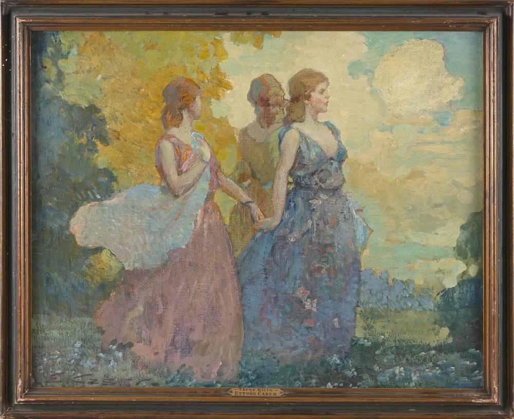 Ettore Caser comparable auction result: ettore caser new york 1880 1944 three girls oil on canvas 20 x 25 framed 23 x 28
