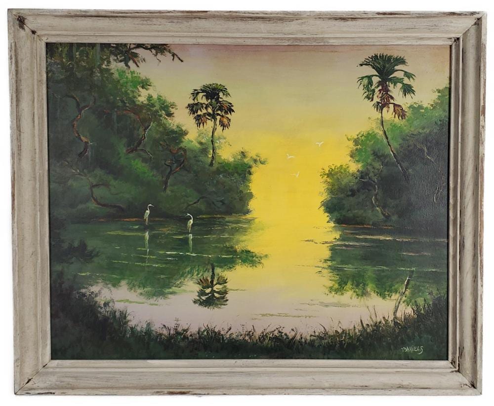 Johnny Daniels comparable auction result: johnny daniels florida highwaymen 1954 2009 golden sunset with egrets and palms oil on upson signed j daniels lower right 24 x 30 original frame 27 x 33