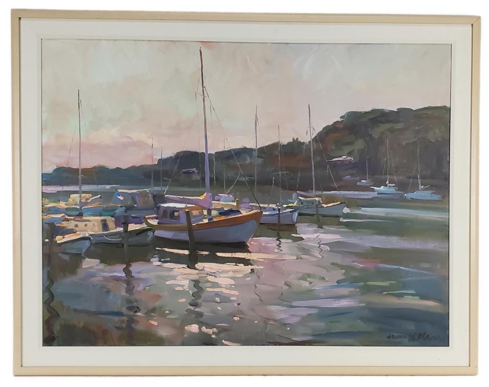 James P. Kerr comparable auction result: james p kerr american b 1953 moored sailboats oil on canvas signed lower right 36 x 48 framed 42 1 2 x 54