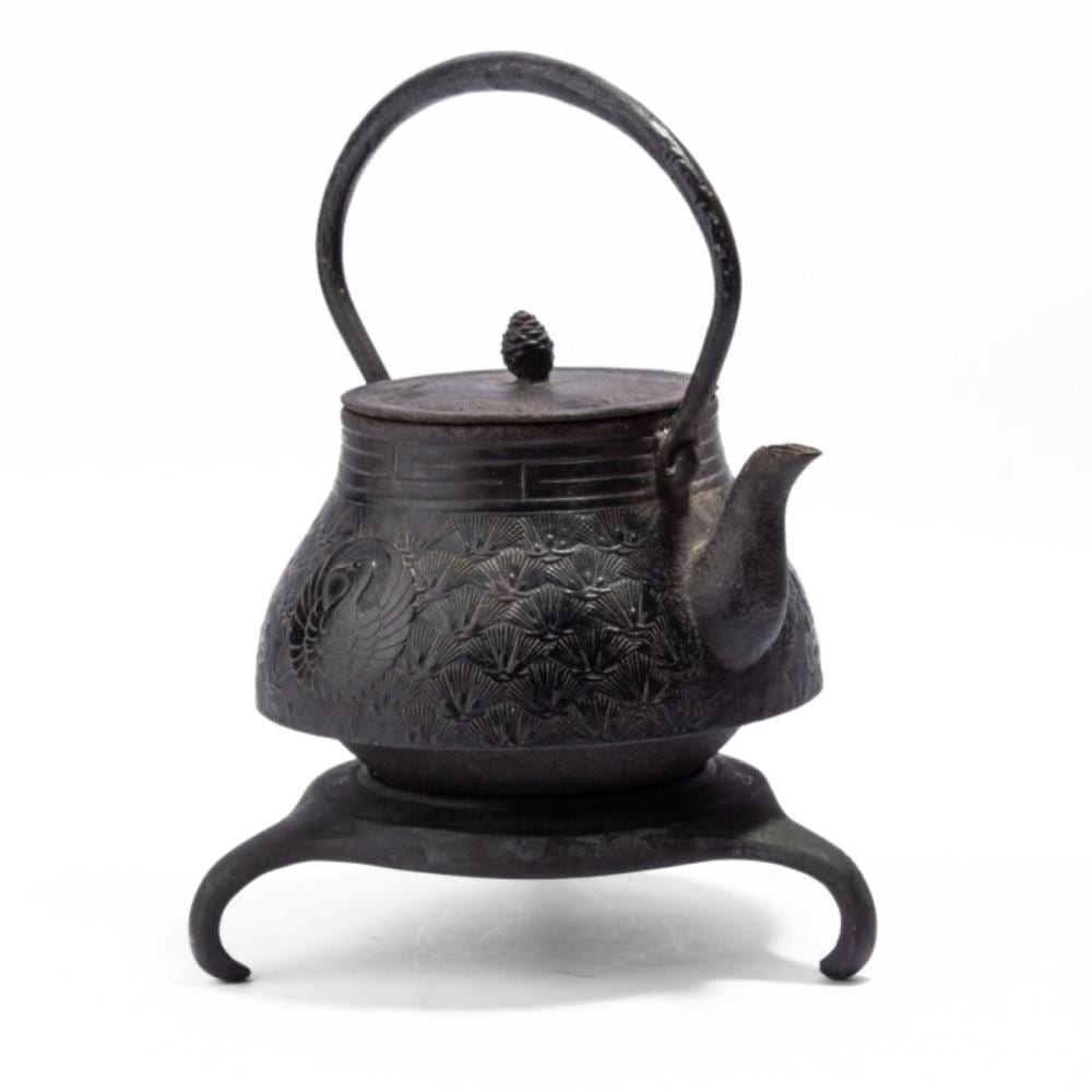 Black cast iron Japanese-style teapot (tetsubin) with arched handle, lid knob, and embossed pattern on the body, photographed on a white background.