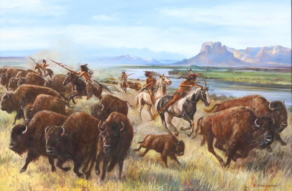 Hubert Wackermann comparable auction result: hubert wackermann b 1945 oil painting sioux buffalo hunt 24 x 36