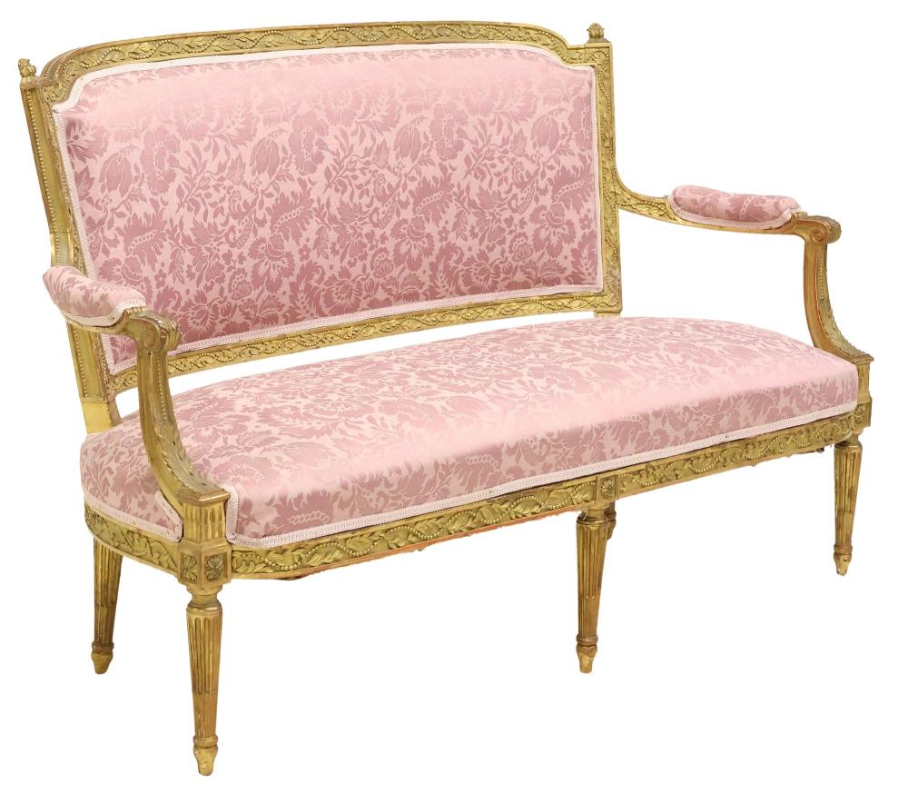 Auction comp thumbnail for FRENCH LOUIS XVI STYLE GILTWOOD SALON CANAPE OR SOFA (Austin Auction Gallery, Lot 3278)