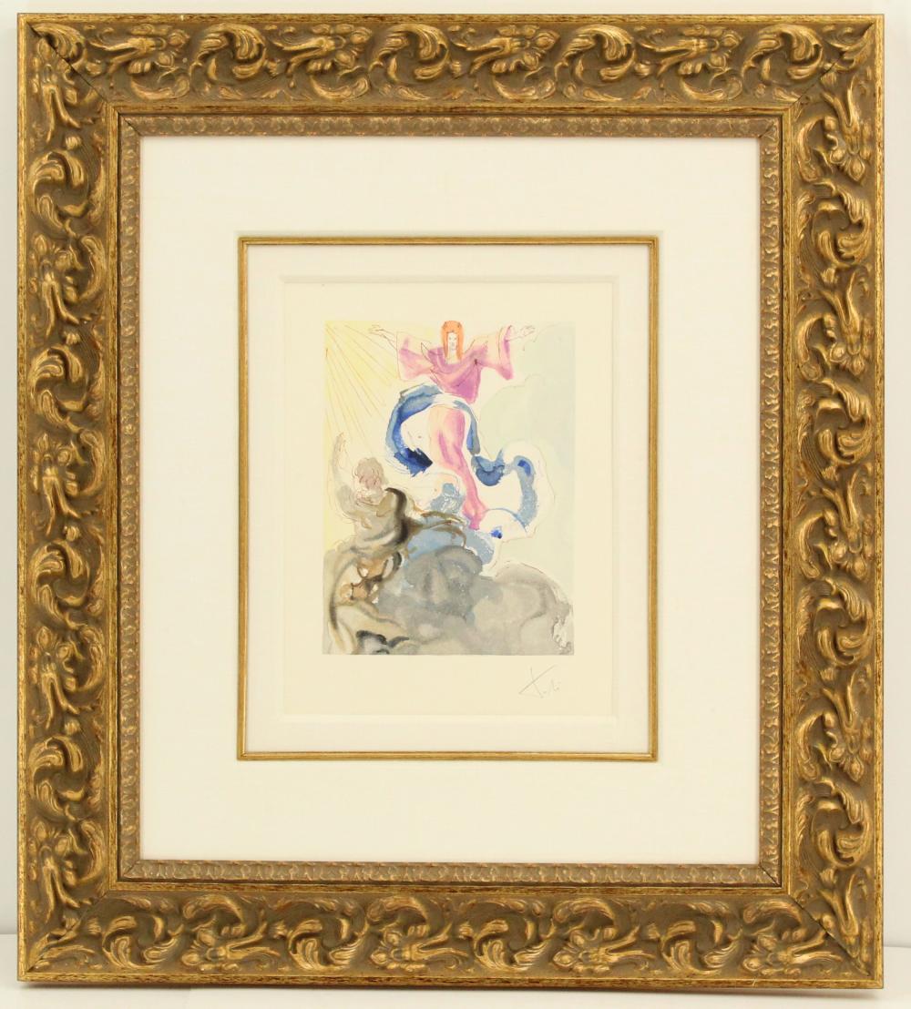 Framed colorful print showing a seated nude figure in pink and blue tones against gray clouds, with ornate gold frame and white mat.