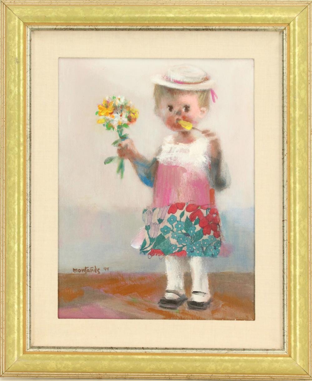 Jose Montanes comparable auction result: jose montanes 1918 1998 spanish the new bonnet young girl with flowers and ice cream oil on canvas
