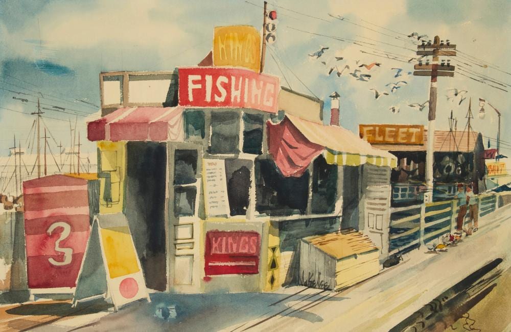 Jake Lee comparable auction result: jake lee 1915 1991 wharf with fishing shack