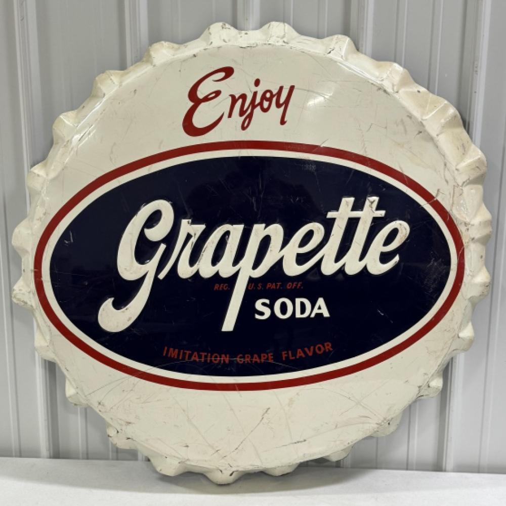 38in Vintage SST Grapette Soda Bottle Cap Sign sold by Kraft Auction Service, lot 5668 — auction record photograph