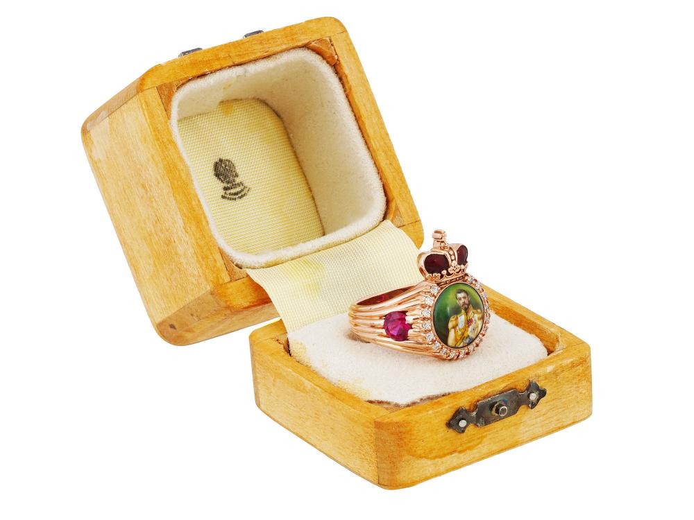 RUSSIAN GOLD GEMS ENAMEL MINIATURE PORTRAIT RING sold by Antique Arena Inc, lot 232 — auction record photograph