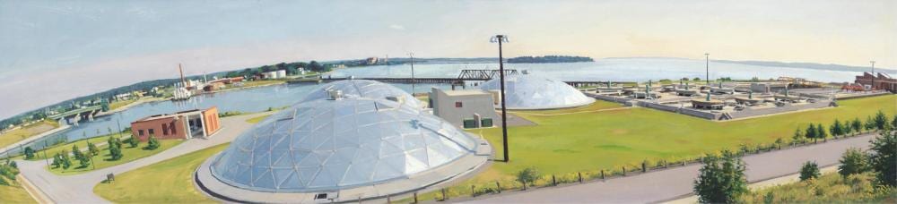 Rackstraw Downes comparable auction result: rackstraw downes english b 1939 portland water district wastewater treatment plant 1984 oil on canvas 10 1 4 x 44 in 26 x 111 8 cm