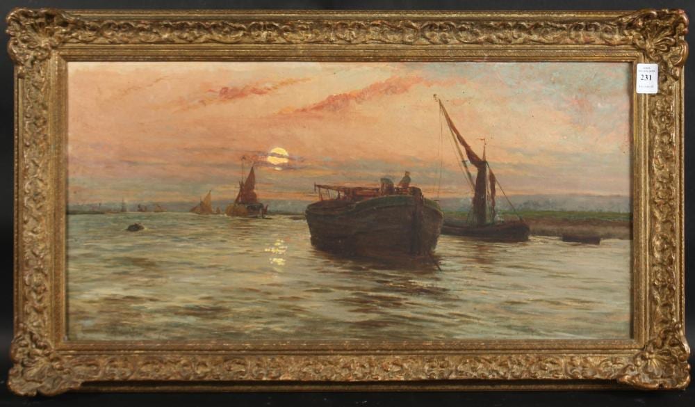Charles Henry Miller comparable auction result: charles henry miller 1842 1922 american shipping on a river at dusk oil on canvas reverse inscribed