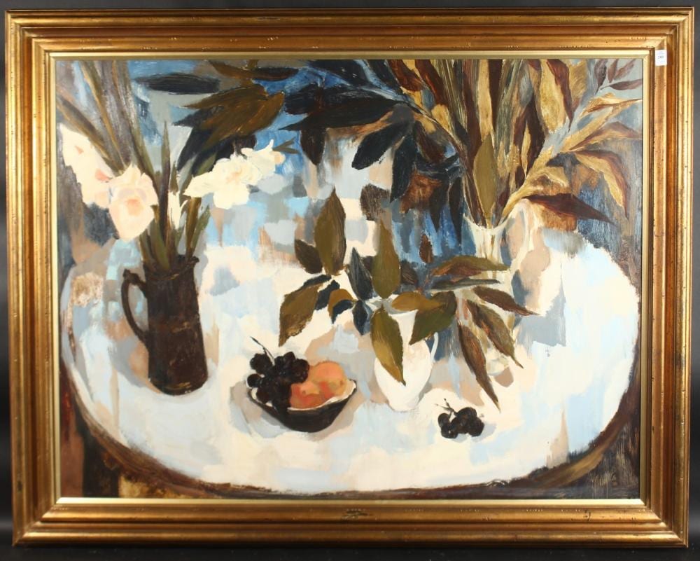 babs redpath 1924 2003 scottish a large still life three jugs of flowers and a bowl of grapes oil · John Nicholson's Fine Art Auctioneers & Valuers · 2025-01-21 Barbara Redpath comparable auction result: babs redpath 1924 2003 scottish a large still life three jugs of flowers and a bowl of grapes oil