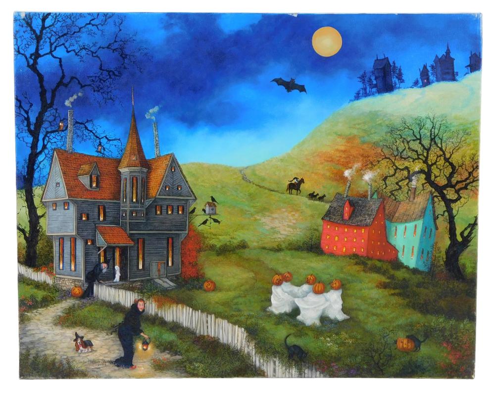 Linda Nelson Stocks (American, 1938 - 2011), "Dancing Ghosts", 2002, oil on canvas, depicts group of dancing ghosts in circle in foreground with other Halloween themed subjects including basset hound in costume, witch... sold by Winter Associates, Inc., lot 39 — auction record photograph