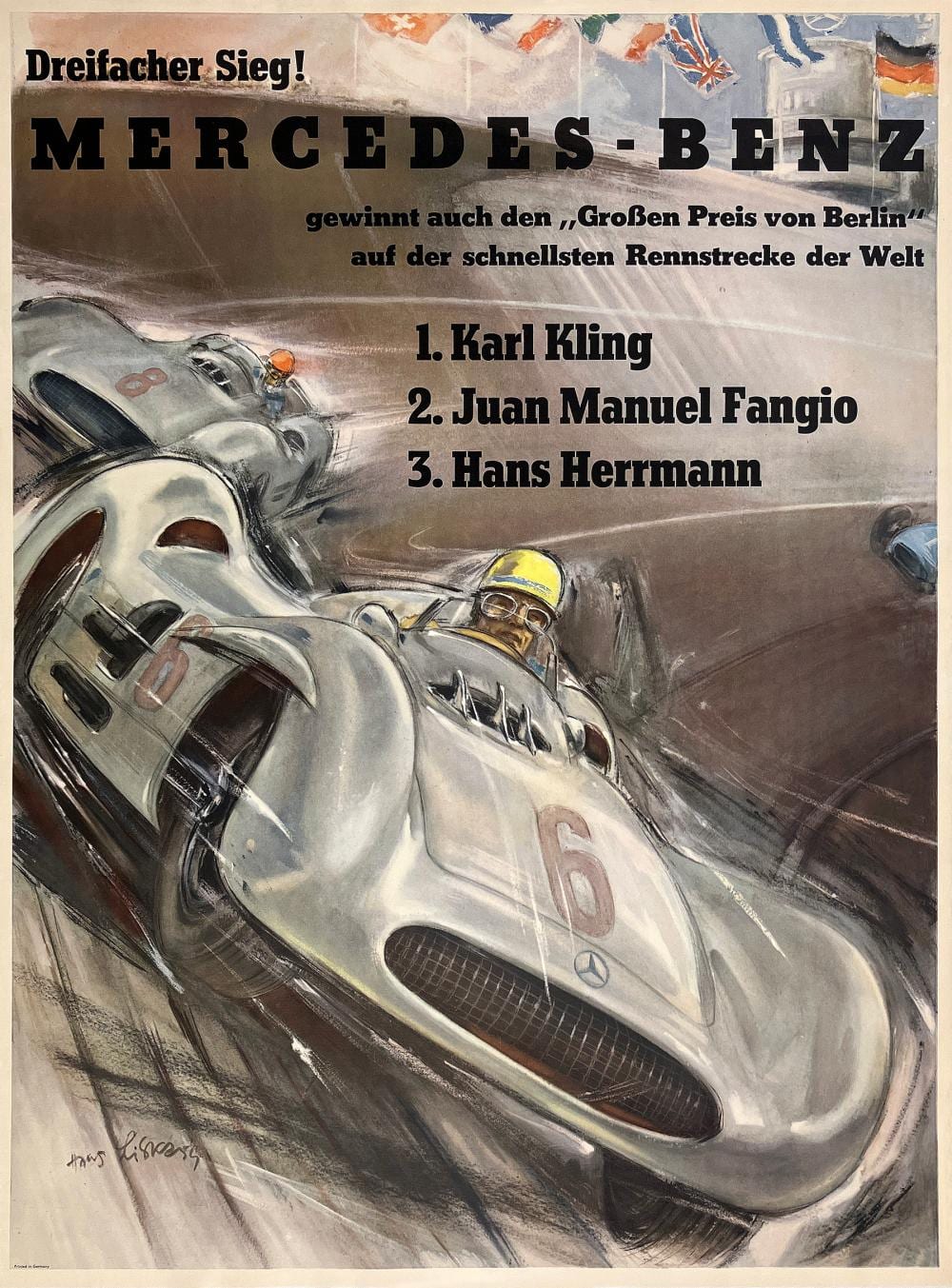 Hans Liska comparable auction result: original vintage mercedes benz poster 1952 berlin grand prix by hans liska