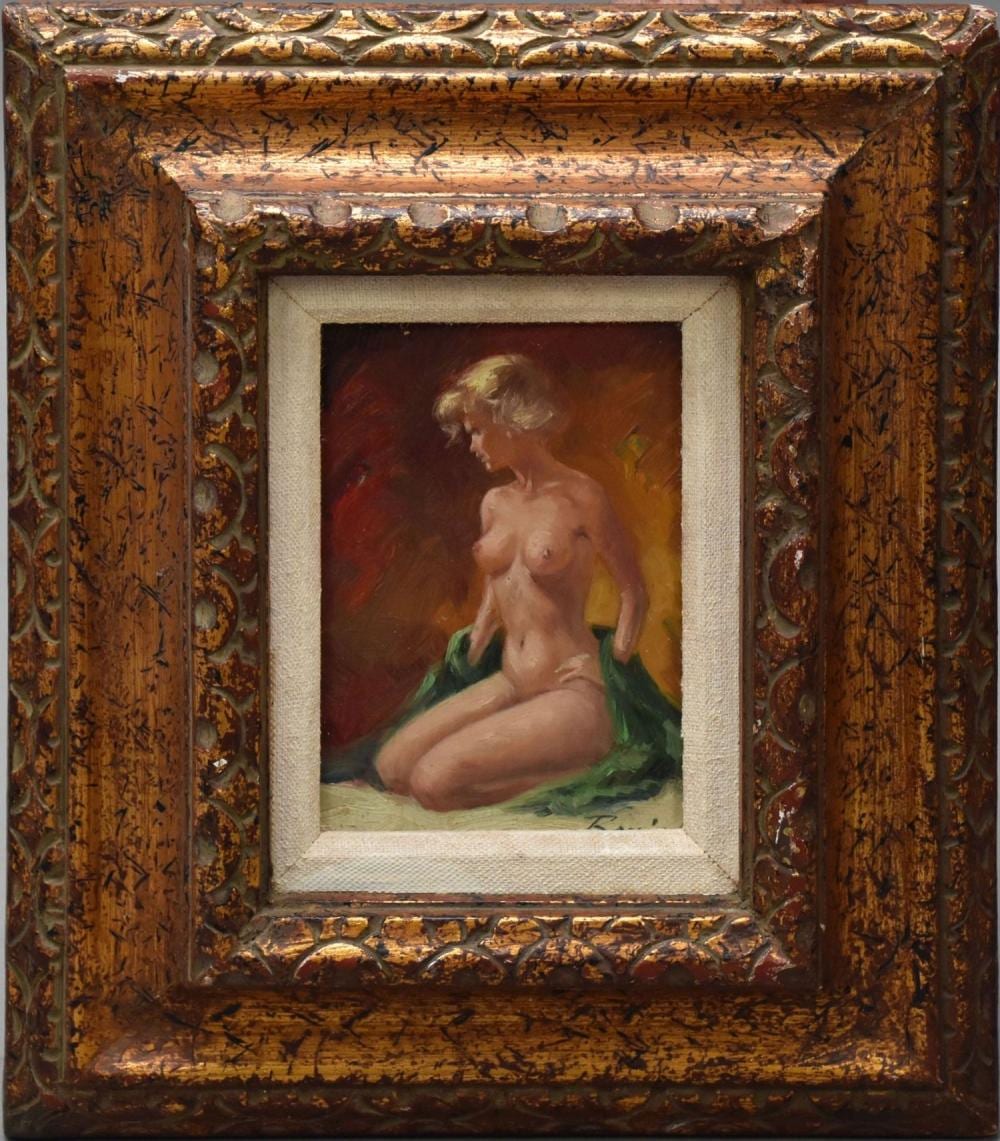 Ramon Kelly comparable auction result: ramon kelly american born 1939 listed artist nude bather oil on masonite painting measures 7 x 5 inches overall framed size 14 x 12 inches
