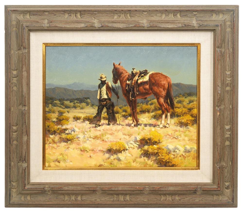 Harold Lyon comparable auction result: harold lyon tall horse short cowboy painting