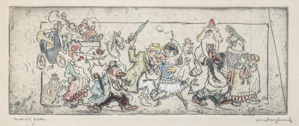 maurice dupuis 1882 1959 mardi gras hand coloured etching 9 x 22 5 cm 3 5 x 8 8 in frame 24 5 x 37 5 cm 9 6 x 14 7 in · Carlo Bonte Auctions · 2025-02-06 Maurice Dupuis comparable auction result: maurice dupuis 1882 1959 mardi gras hand coloured etching 9 x 22 5 cm 3 5 x 8 8 in frame 24 5 x 37 5 cm 9 6 x 14 7 in