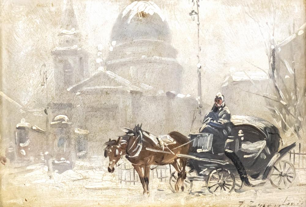 Czeslaw Wasilewski comparable auction result: ignacy zygmuntowicz polish 1875 1947 carriage in snowy cityscape oil on board
