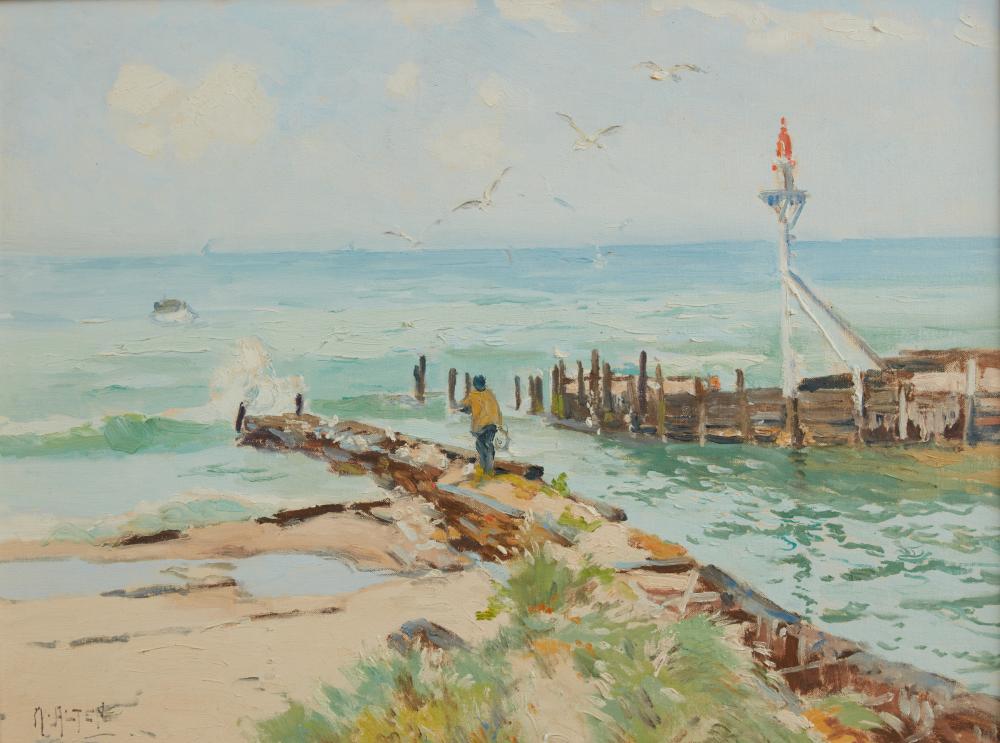 mathias joseph alten american 1871 1938 fisherman walking along a jetty oil on board 18 x 24in 46 x 61cm · Andrew Jones Auctions · 2025-01-29 Mathias Joseph Alten comparable auction result: mathias joseph alten american 1871 1938 fisherman walking along a jetty oil on board 18 x 24in 46 x 61cm