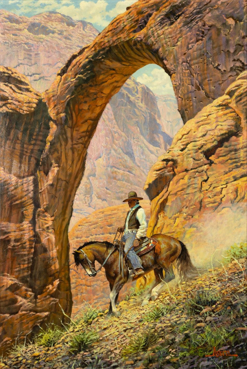 Jim Abeita comparable auction result: jimmy abeita 1947 rainbow natural bridge and navajo rider