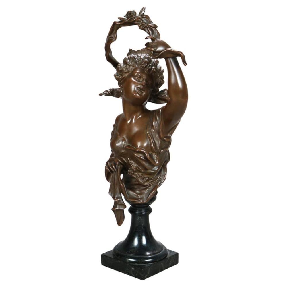 Bronze classical-style female figure sculpture with raised arms and draped clothing on a dark pedestal base.