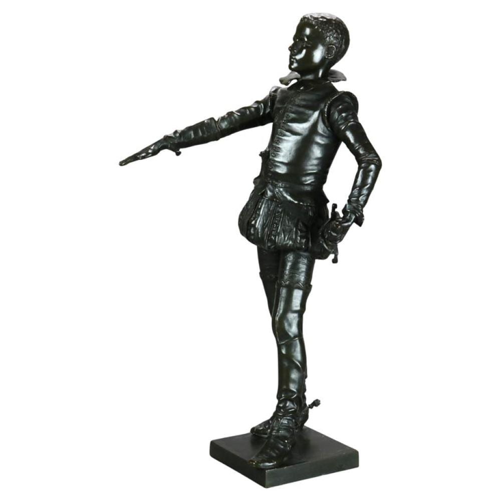 Bronze sculpture of a young male courtier holding a sword, standing on a square base against a white background.