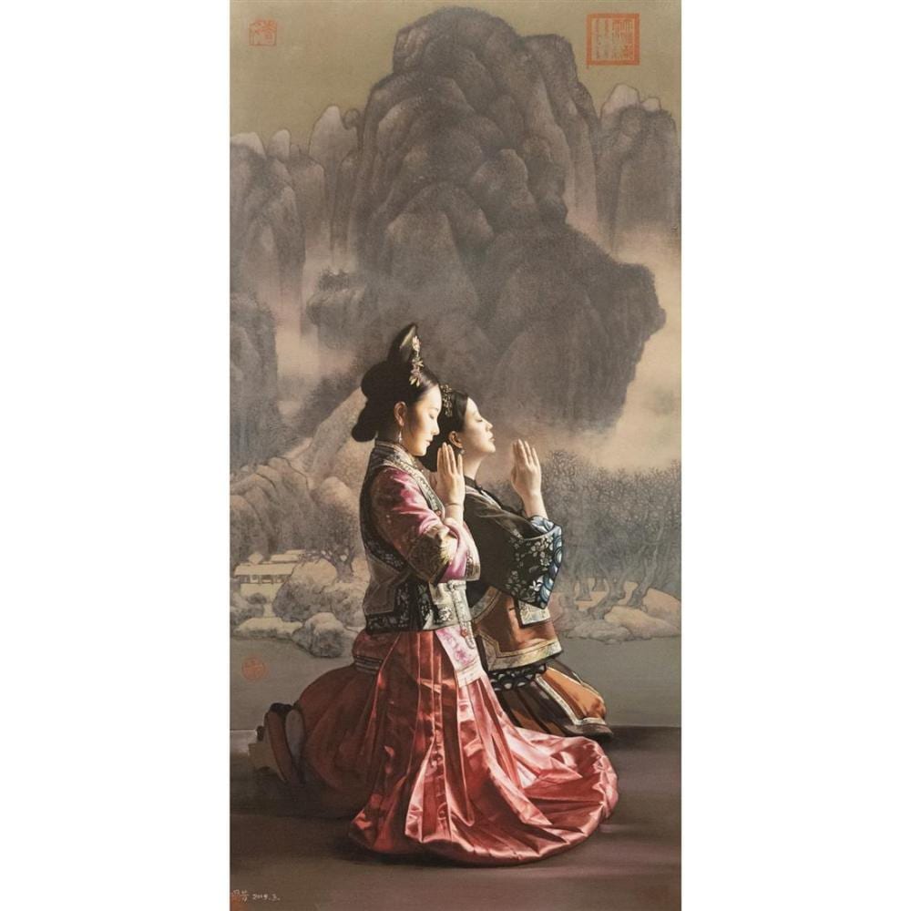 Jiang Guofang comparable auction result: jiang guofang b 1951 chinese scroll of buddha nature lithograph from the forbidden city series mounted as hanging scroll br