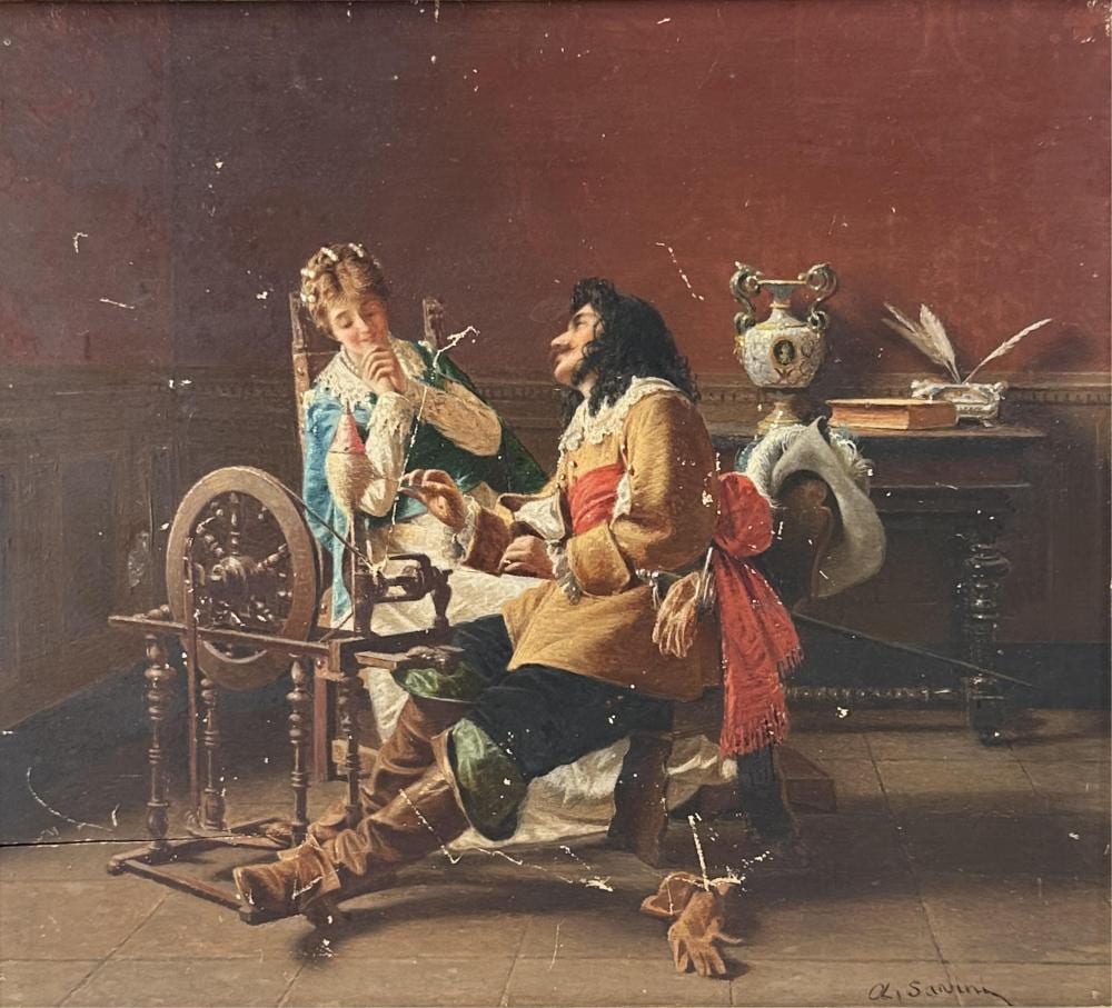 Alfonso Savini comparable auction result: alfonso savini 1836 1908 la fileuse et le gentilhomme huile sur panneau dimensions 18 x 16 cm